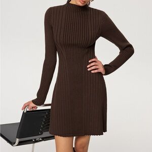 Commense Chocolate Ribbed Mock Neck Long Sleeve Knit Dress- XS